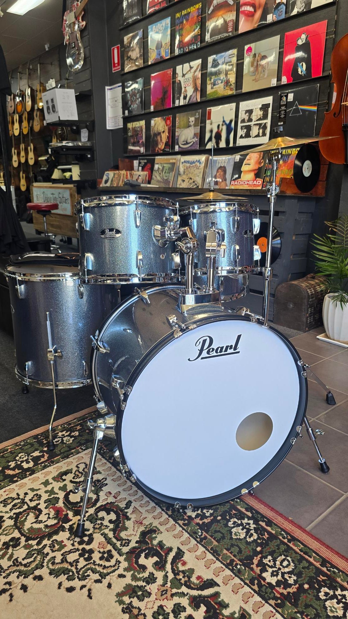 Pearl Roadshow Drum Set 5-Piece Complete Kit with Cymbals and Stands, Aqua Blue Sparkle