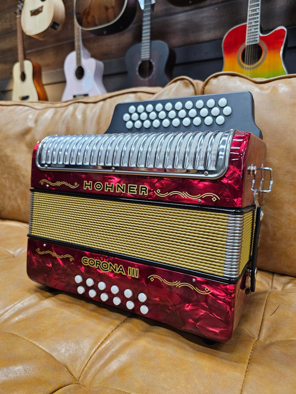HOHNER CORONA III BUTTON DIATONIC ACCORDION, KEYS OF A/D/G, RED  (Pre-Owned)