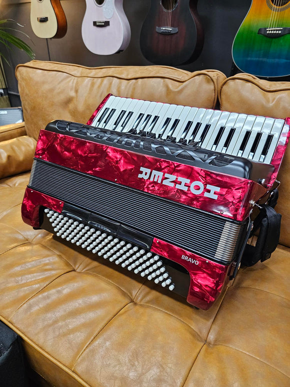 Hohner Bravo III 120 Bass Chromatic Accordion in Red Pearl W/Bag (Pre-Owned)