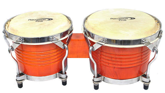 Percussion Plus Deluxe 7.5 & 8.5" Wooden Bongos in Gloss Natural Lacquer Finish Chrome Finished Hardware