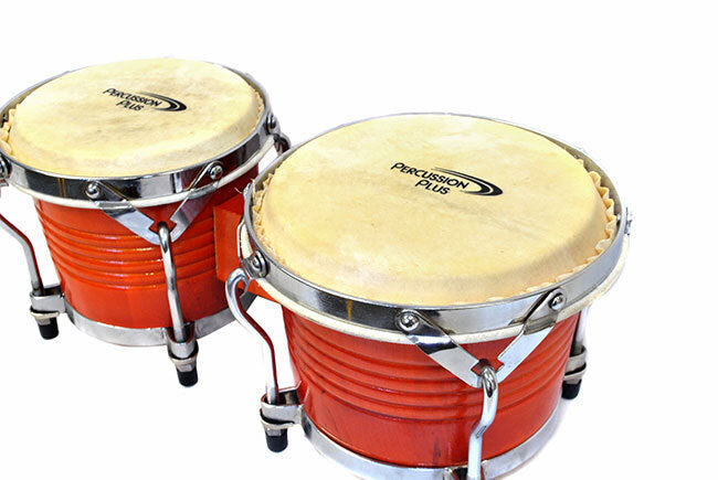 Percussion Plus Deluxe 7.5 & 8.5" Wooden Bongos in Gloss Natural Lacquer Finish Chrome Finished Hardware