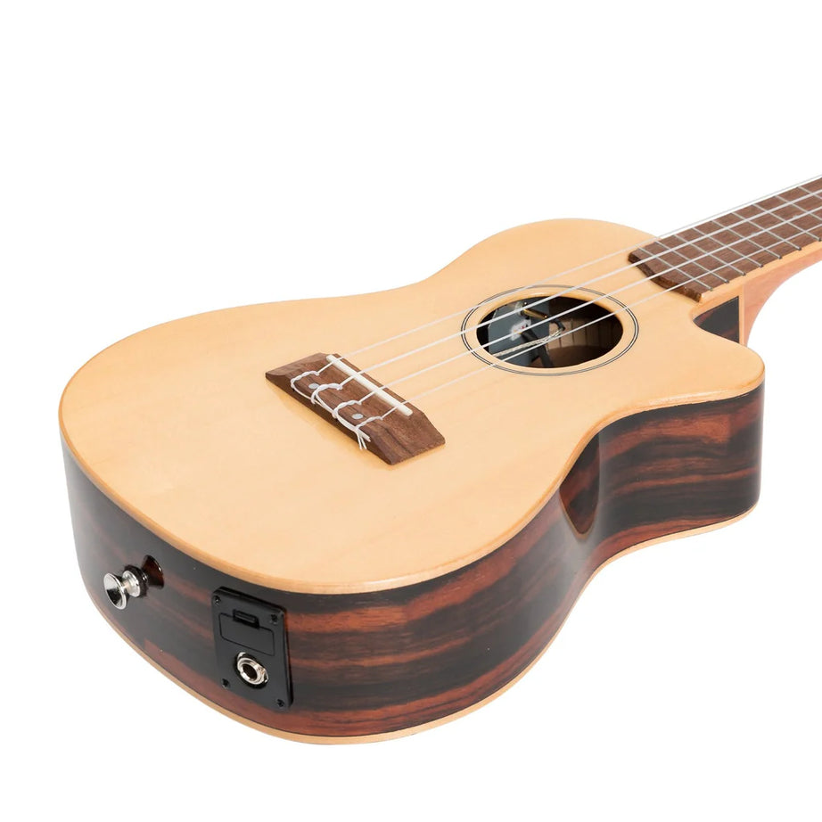Martinez Southern Belle 7 Series Spruce Solid Top Electric Cutaway Concert Ukulele with Hard Case (Natural Gloss)